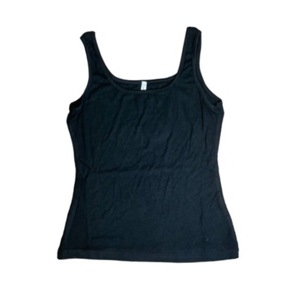 Lulu's Basics Ribbed Knit Tank Top Black Rayon Sleeveless Scoop Neck S‎